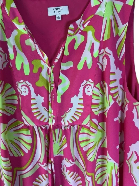 Crown & Ivy Pink Lime Seaside Seahorse Seashell Summer Sleeveless Dress sz 8 - Picture 4 of 11